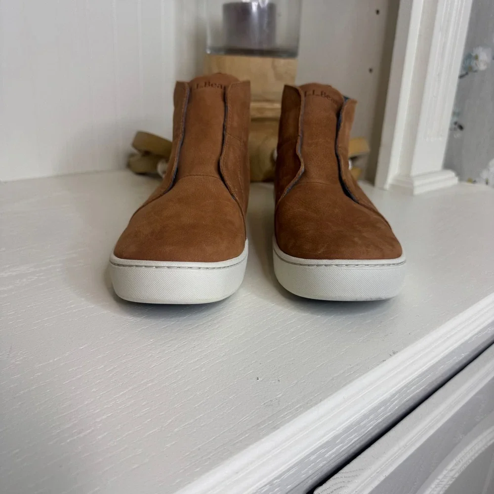LL Bean Womens Everyday Mid Sneakers Brown Leather Slip On Shoes 520256 Size 11